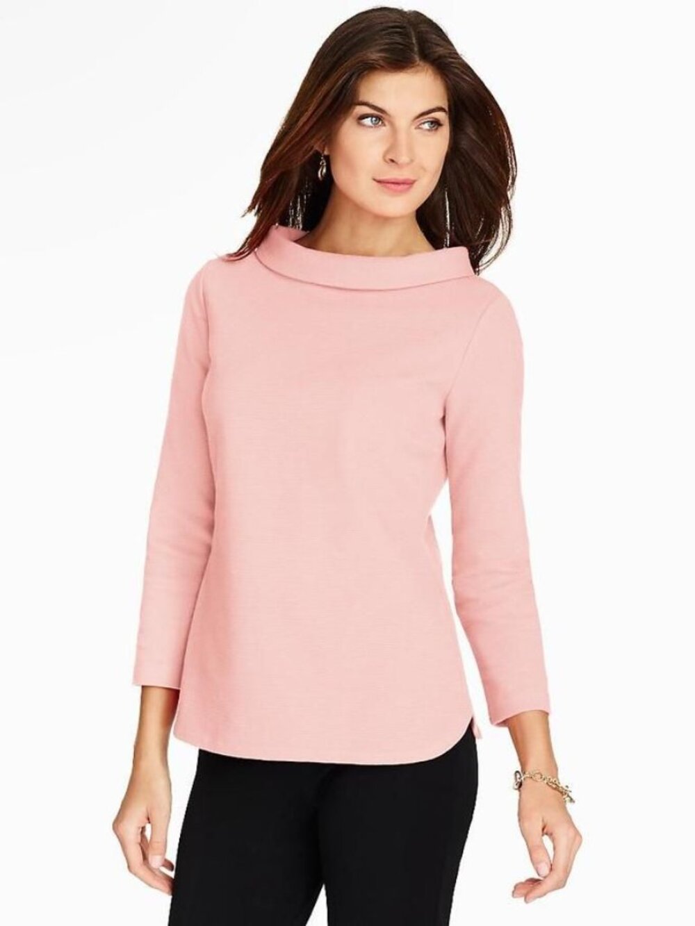 Women's Talbots Audrey Blush Pink Collar Top Ribbed 3/4 Sleeve Size Small Petite